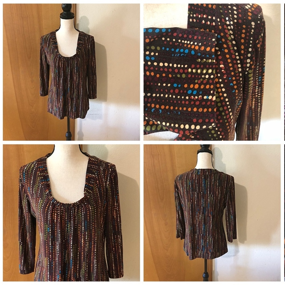 Soft Knit Brown With Dots 3/4 Sleeve Peasant Top